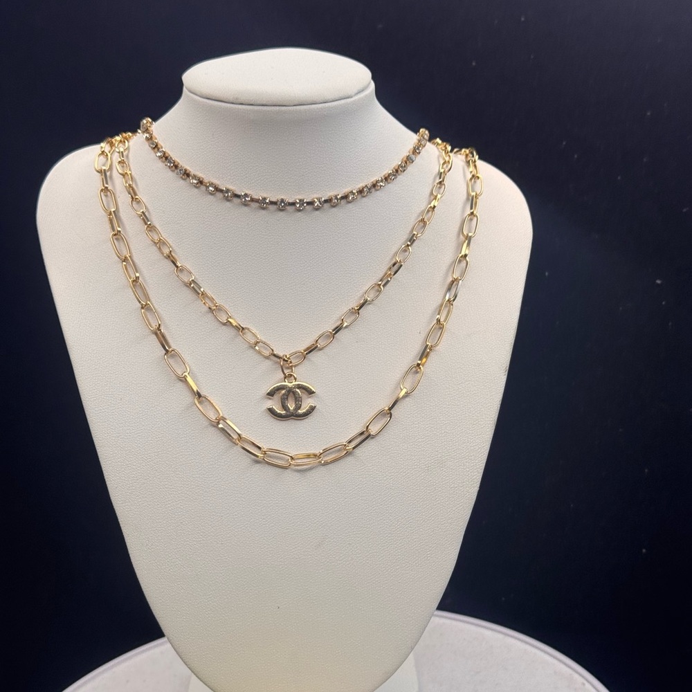 Fashion Jewelry Gold Tone 3-Strand Necklace with Crystal Accents 14-16 inch
